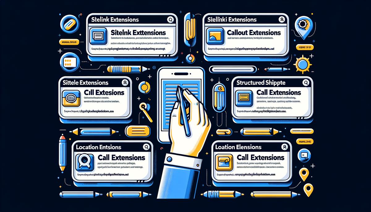 Illustration of various ad extensions for paid search ads