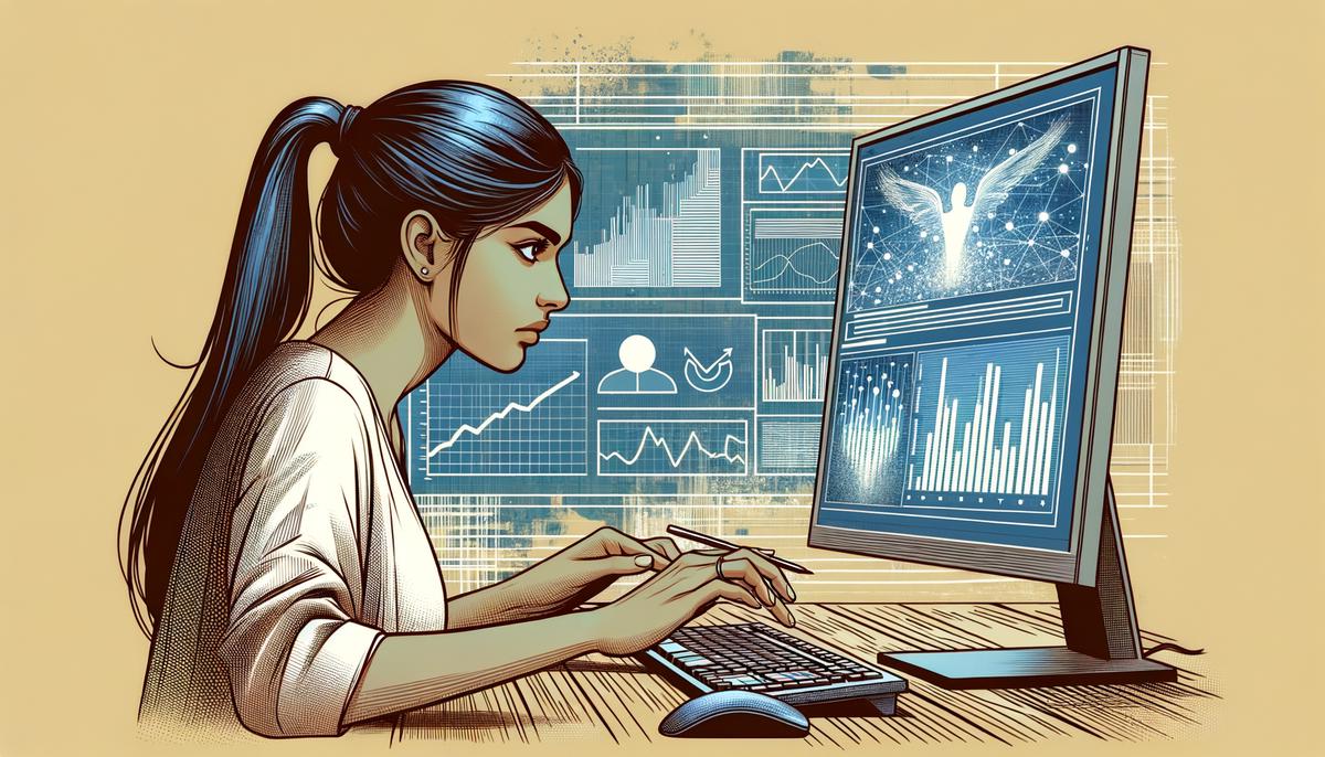 Illustration of a person analyzing data on a computer for advertising efforts. Avoid using words, letters or labels in the image when possible.