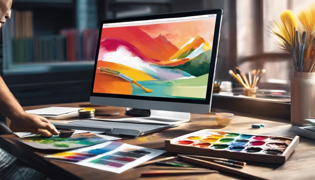 Digital illustration of a person painting on a computer screen with a paintbrush and palette, representing the concept of affiliate marketing.