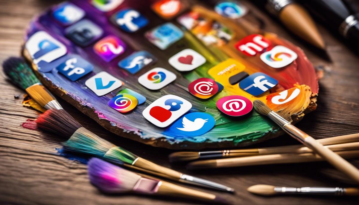 An image showing different social media logos with an artist's palette and paintbrushes, representing the connection between art and social media.