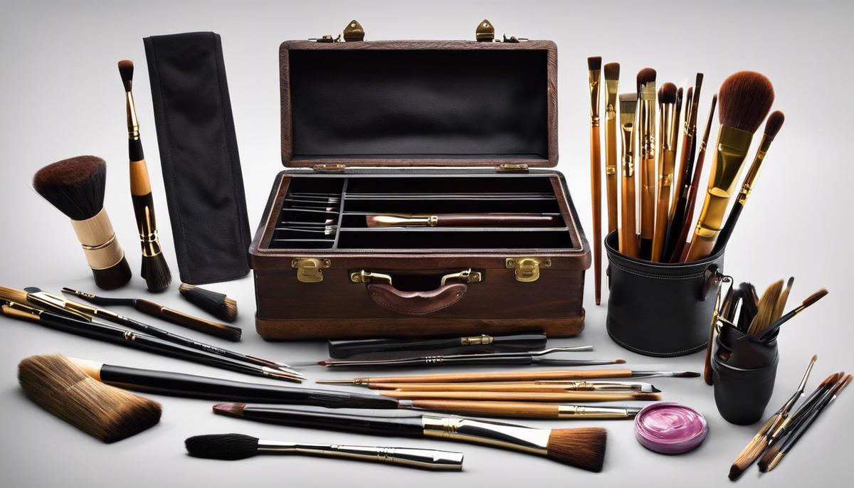 Image of an artist's toolkit with various brushes, paints, and tools.