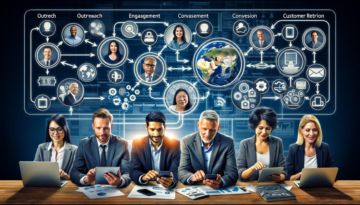 A visual representation of technology connecting businesses and customers in the customer journey mapping process