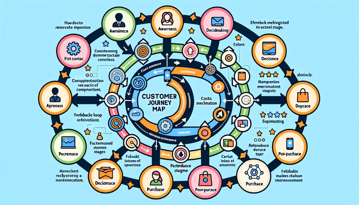 illustration of a customer journey map with various touchpoints and feedback loops