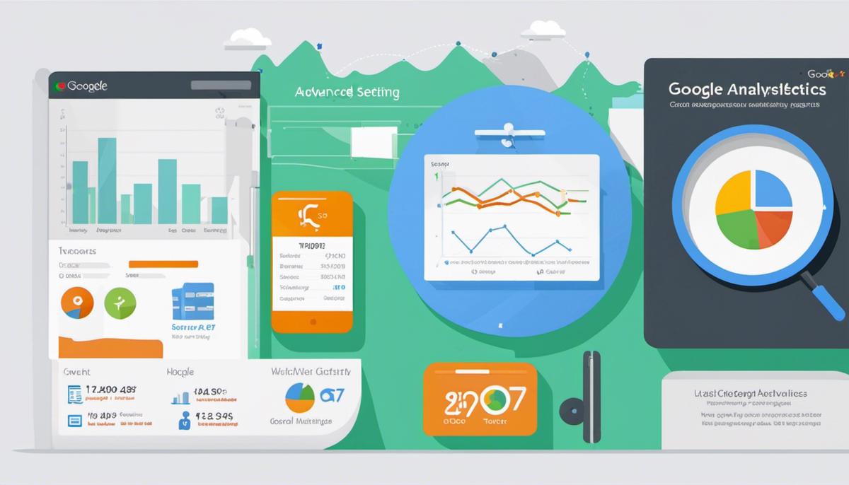 A visual representation of Google Analytics' advanced features, displaying goal setting, event tracking, segment creation, and linking with other Google services.