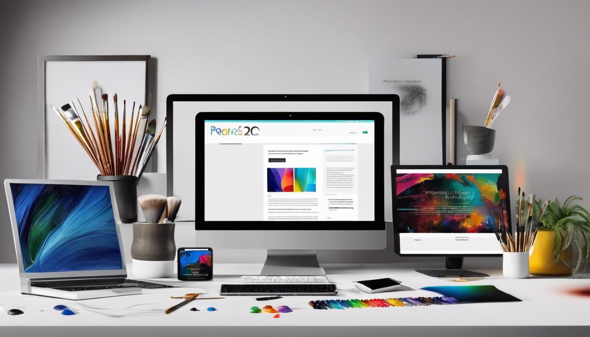 An image of paints, brushes, and a computer screen displaying a website, symbolizing the connection between art and digital presence.