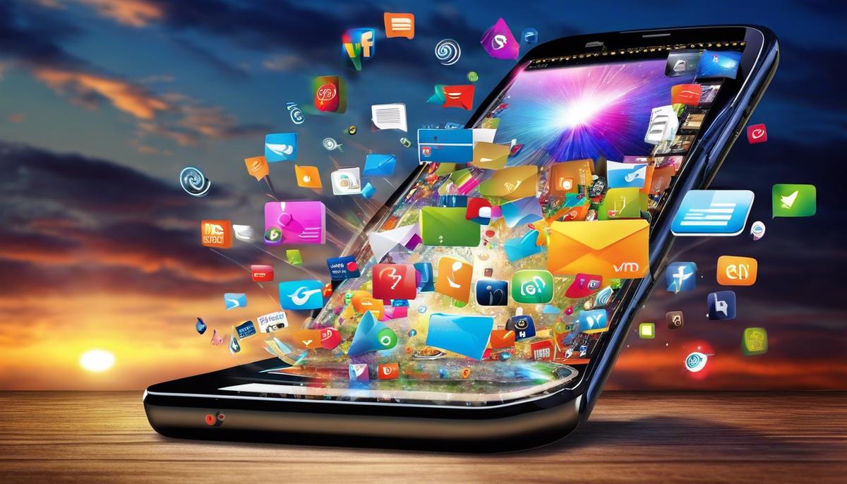 An image depicting an artwork made up of various mobile marketing techniques, showcasing the fusion of creativity and business in the digital world.