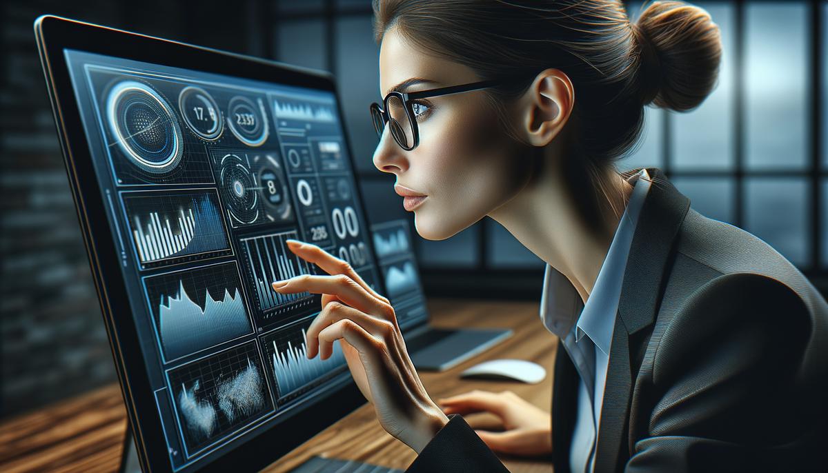 A stock photo of a business person analyzing data on a computer with charts and graphs displayed