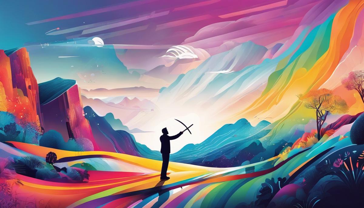 Illustration of programmatic advertising, showing a digital landscape with colorful ad space and a person adjusting it with a palette knife.