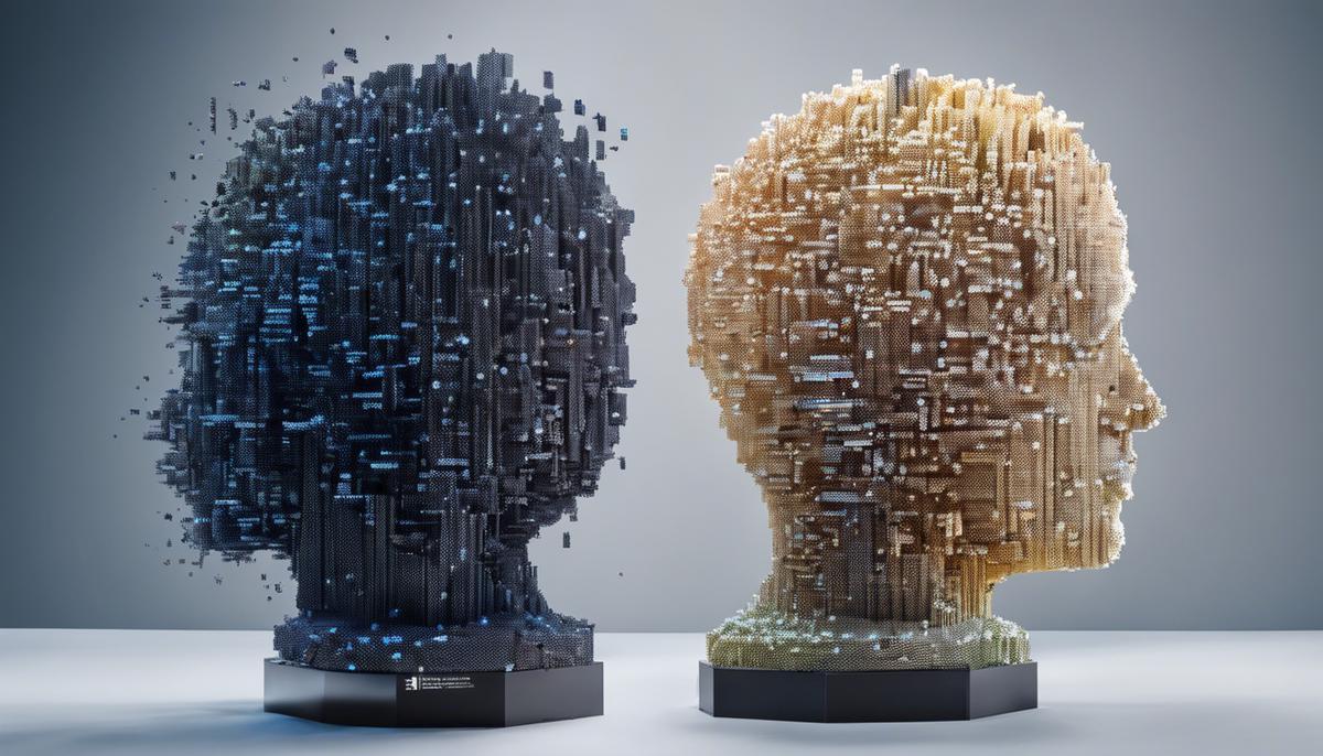 A digital sculpture made of scattered pixels, representing the creativity and technology in programmatic advertising.